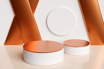 3d illustration of a scene from a circle with round arch at the back on a  bronze background. A close-up of a gold round monocrome pedestal.