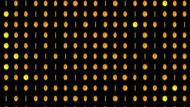 Pixel art gold coin animation with glow, old 8bit video game background.
