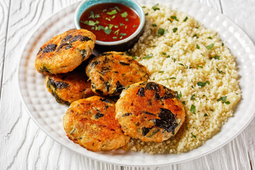 salmon and spinach fish cakes, top view