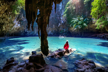 Woman enjoying in princess lagoon at Railay, Krabi in Thailand.