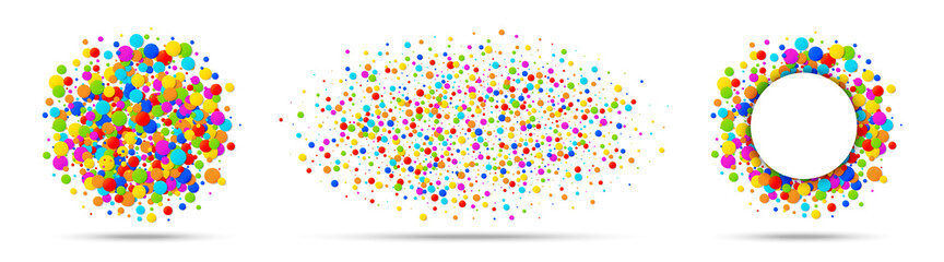 Confetti circles set. Rainbow colors. Round colorful papers isolated on white background. Confetti frame. Birthday template. Carnival party. Holiday design element. Vector illustration
