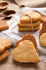 Homemade crispy cookies with sesame seeds in the shape of heart
