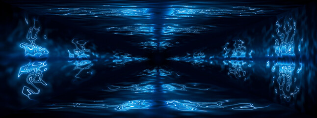 Water aqua tunnel. Underwater corridor, blue neon waves, water streaks. Blue neon dark abstraction. Luminous futuristic abstract neon tunnel, blue neon background. 3D illustration