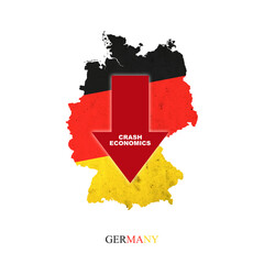 Crash Economics Germany. Red down arrow on the map of Germany. Economic decline. Downward trends in the economy. Isolated.