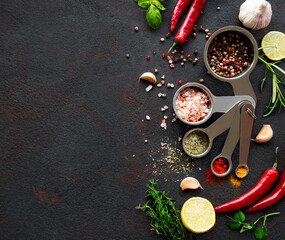 Variety of colorful spices in  spoons.