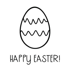 Happy easter card with egg and text. Easter illustration. Outline doodle style egg with ornament. Coloring page concept. 