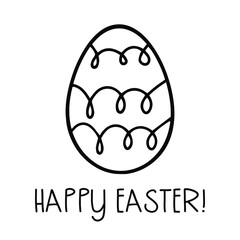 Happy easter card with egg and text. Easter illustration. Outline doodle style egg with ornament. Coloring page concept. 