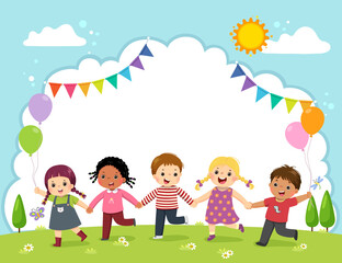 Template for advertising brochure with cartoon of happy kids holding hands on the field. - 422011216