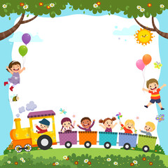 Template for advertising brochure with cartoon of happy kids on the train.