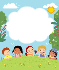Template for advertising brochure with cartoon of happy kids laying on the grass. - 422011271