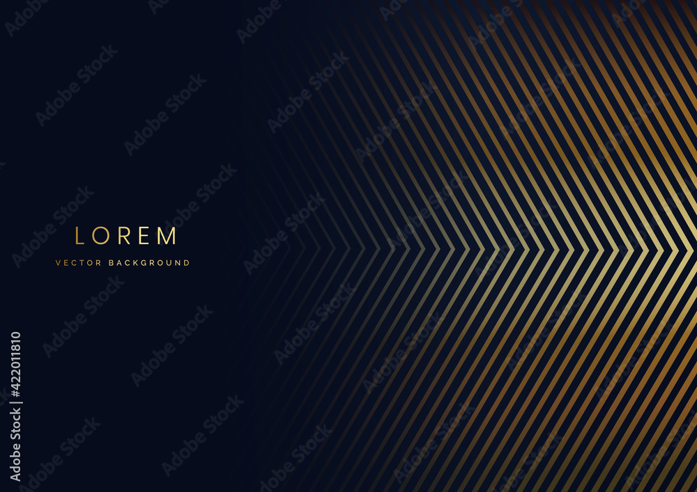 Poster abstract shiny gold arrow lines pattern on dark blue background luxury concept with space for text.