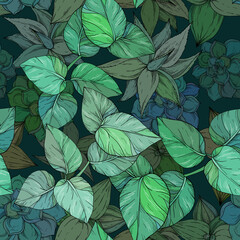 Tropical jungle seamless pattern on dark green foliage background,