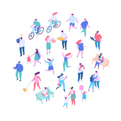 Different isomeric people vector set isolated on white. Male and female characters. People outdoor activities isometric vector set