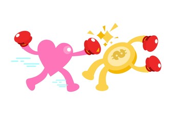cartoon gold coin money fight boxing with heart love doodle vector illustration flat design style