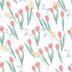 Seamless pattern with tulips and other wild spring flowers, flat vector illustration on white background. Decorative endless texture or repeatable textile print with spring tulips.