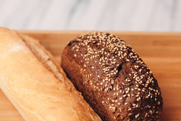 white dark bread whole grain homemade cakes wooden tray breakfast