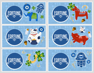 Banners good luck charms: maneki neko, horseshoe, four-leaf clover, dala horse, nazar amulet, hamsa. A set of illustrations of symbols of good luck, success, and prosperity.