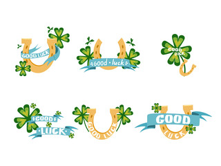 A set of vector illustrations with a four-leaf clover, a horseshoe and a ribbon and a wish of good luck. Good luck symbols with text. Vector illustration on a white isolated background.