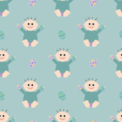 Kid holding Easter eggs on a green background. Easter holiday.