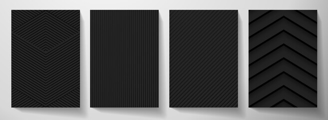 Modern blank black background design set. Creative dynamic line pattern (geometric stripe ornament) in monochrome. Abstract graphic vector background for cover notebook,vertical business page template