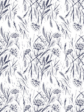 Wild grasses seamless pattern. Grass silhouettes, cereal plants