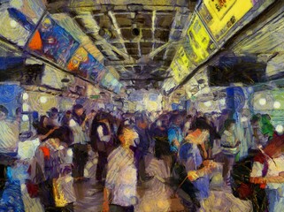 Fototapeta na wymiar Sky train and passenger terminal in the heart of the city Illustrations creates an impressionist style of painting.