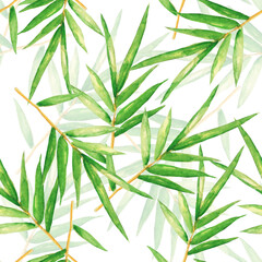 Tropical seamless watercolor illustration with hand-drawn tropical leaves.