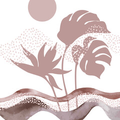 Abstract landscape with monstera leaves, exotic flower, watercolor minimal waves, dotted sun