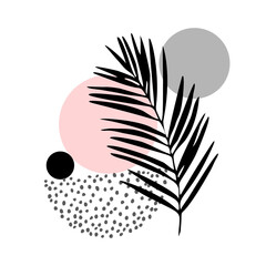 Modern illustration with tropical palm leaf, doodle textures, minimal elements