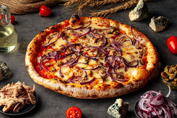 Fresh baked onion pizza on the decorated grey background