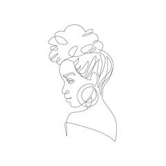 Black woman afro portrait. Female profile continuous line art.