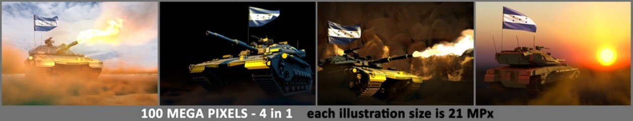 4 illustrations of high detail tank with not real design and with Honduras flag - Honduras army concept with place for your content, military 3D Illustration