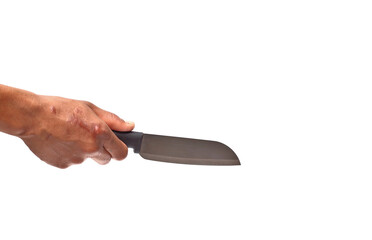 Hand holding a kitchen knife on a white background