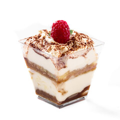 Isolated tiramisu trifle dessert with raspberry on the white background