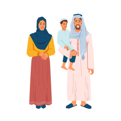 Happy muslim family, man with son on arms and woman in national cloth isolated cartoon people. Vector father and mother in hijab headscarf, bearded saudi guy, middle east parents. Parenthood concept