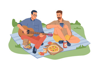 Male friends sitting on blanket on picnic, speaking and playing on guitar. Vector pizza, beer and soda drink, donuts and french fries, cup of tea or coffee. Dinner outdoors, men singing songs