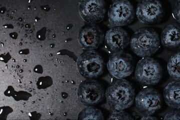 Water drops on ripe sweet blueberry. Fresh blueberries background with copy space for your text. Vegan and vegetarian concept. Macro texture of blueberry berries.