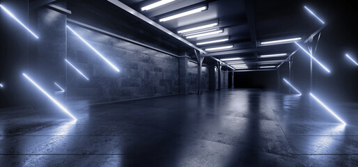 Neon Blue Laser Lights Cyber Sci Fi Futuristic Grunge Car Showroom Fluorescent Hangar Warehouse Underground Parking Steel Concrete Cement Tunnel Corridor Industrial Background 3D Rendering