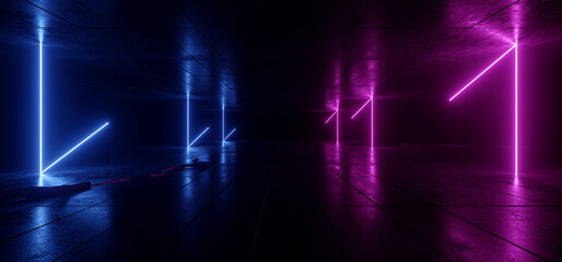 Neon Glowing Sci Fi Blue Purple Lights Laser Beams Cement Grunge Concrete Underground Futuristic Warehouse Stage Club Empty Dark Cables Alien Spaceship Hallway 3D Rendering