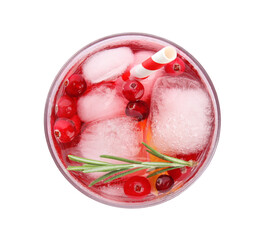 Tasty refreshing cranberry cocktail isolated on white, top view