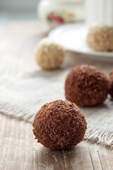 Homemade chocolate truffle with chocolate chips on the surface