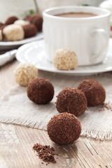 Homemade chocolate truffle with chocolate chips on the surface