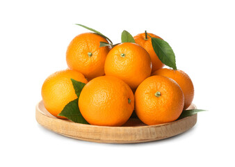 Fresh ripe oranges with green leaves in wooden plate isolated on white
