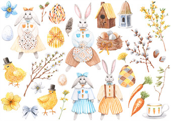 Watercolor Easter set of rabbits, eggs, birdhouses, blooming branches and flowers isolated on the white background.