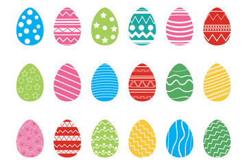 Set of Easter colorful eggs with beautiful patterns isolated on white background. Flat style design vector illustration