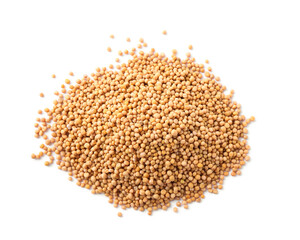 Heap of mustard seeds isolated on white, top view