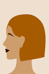 Abstract female face profile, style of minimalism , hand drawn. Packaging, wallpaper, poster, room interior decor, design for textiles, postcard, concept, clipart, vector