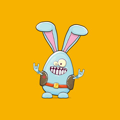 Easter bunny badass and funny cartoon character with bunny ears isolated on orange background. rock n roll easter party poster or happy easter greeting card with blue rabbit