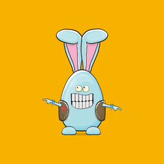 Easter bunny badass and funny cartoon character with bunny ears isolated on orange background. rock n roll easter party poster or happy easter greeting card with blue rabbit