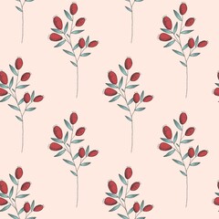  Red Rosehips with flowers and berries seamless pattern for tea. Black and white Graphic drawing, engraving style. hand drawn illustration on white background